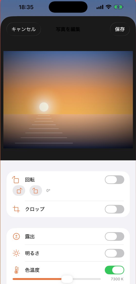 写真の簡易編集画面。