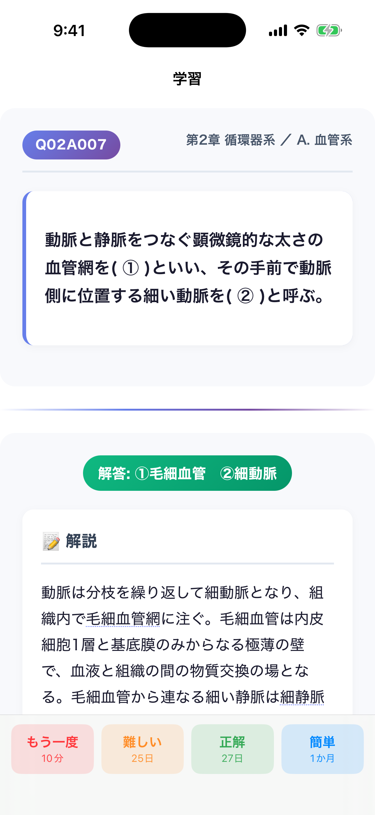 穴埋め:解答を表示して自己採点。正解ボタンは強調しない