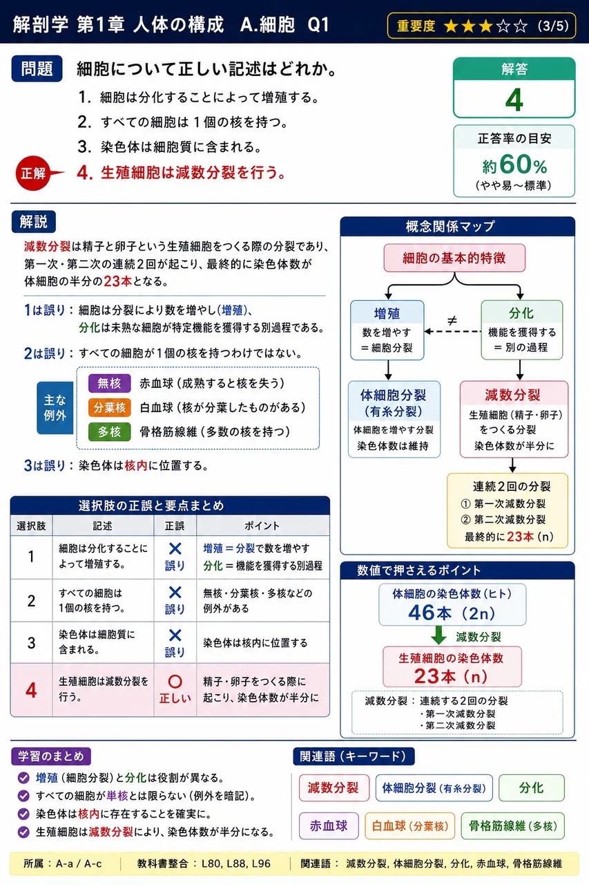 人体の構造階層として正しい順序はどれか。 解説図