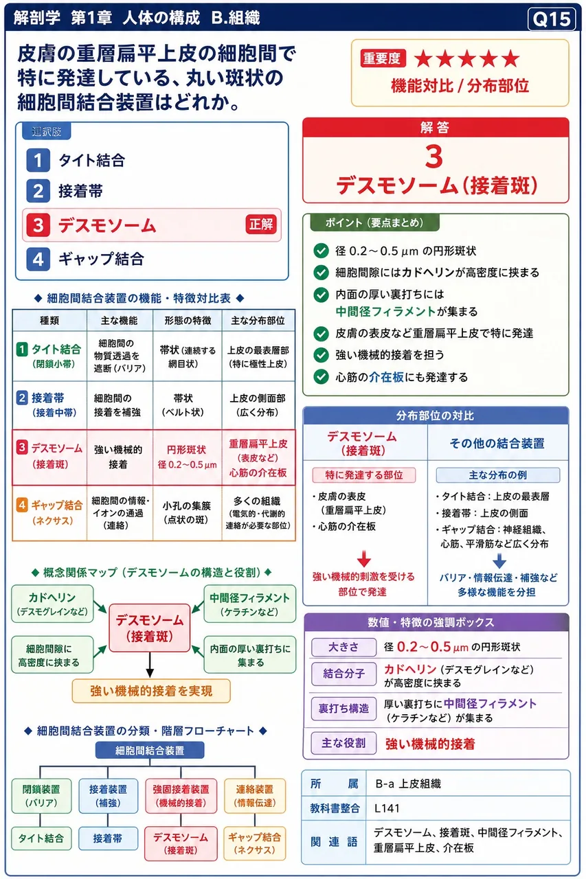 皮膚の重層扁平上皮の細胞間で特に発達している、丸い斑状の細胞間結合装置はどれか。 解説図