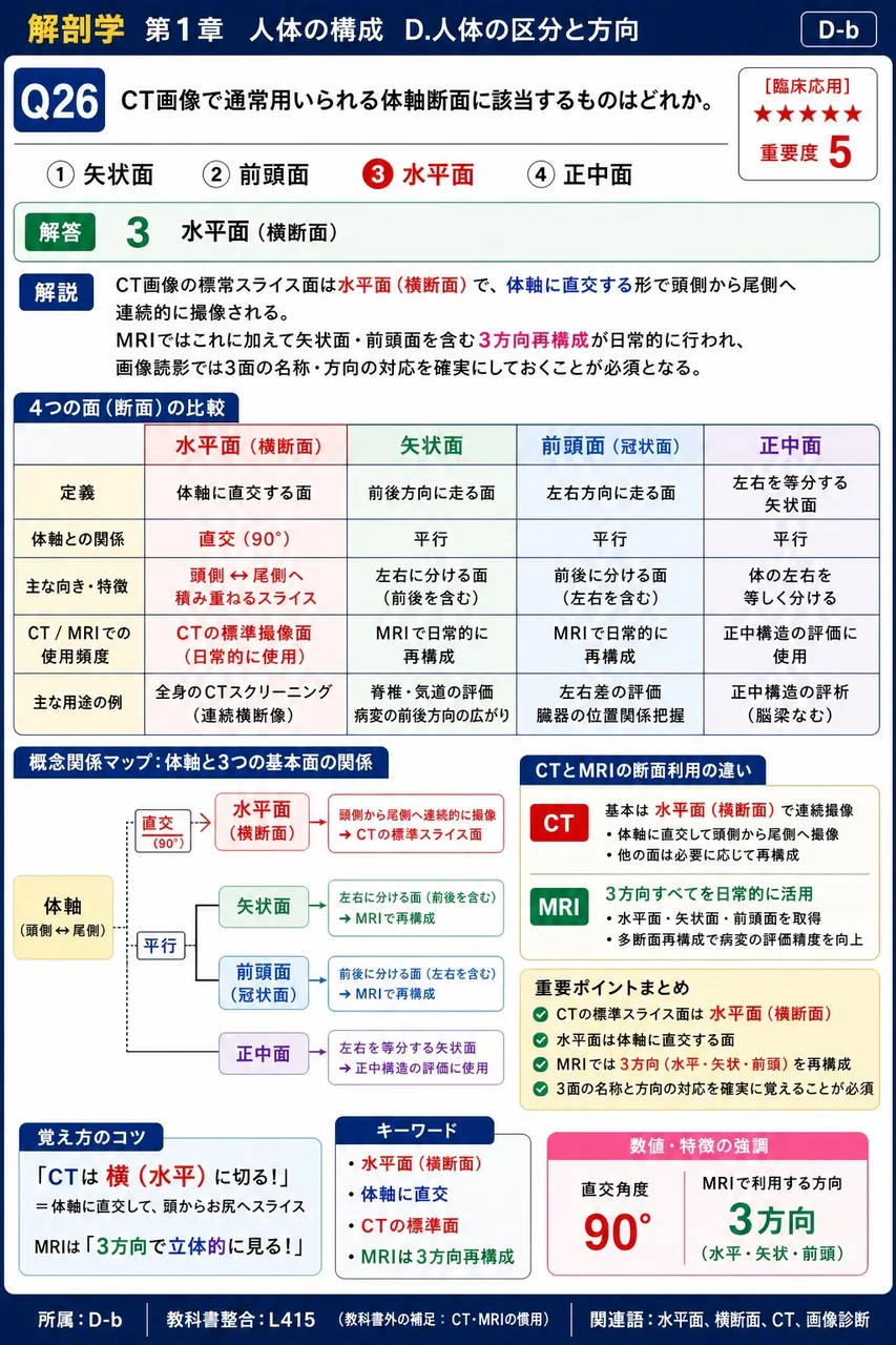 CT画像で通常用いられる体軸断面に該当するものはどれか。 解説図