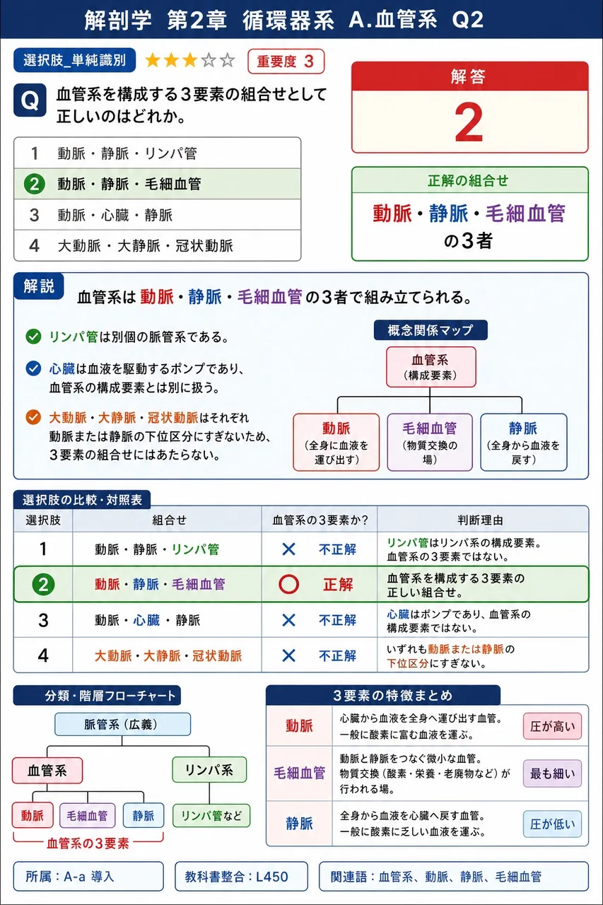 血管系を構成する3要素の組合せとして正しいのはどれか。 解説図