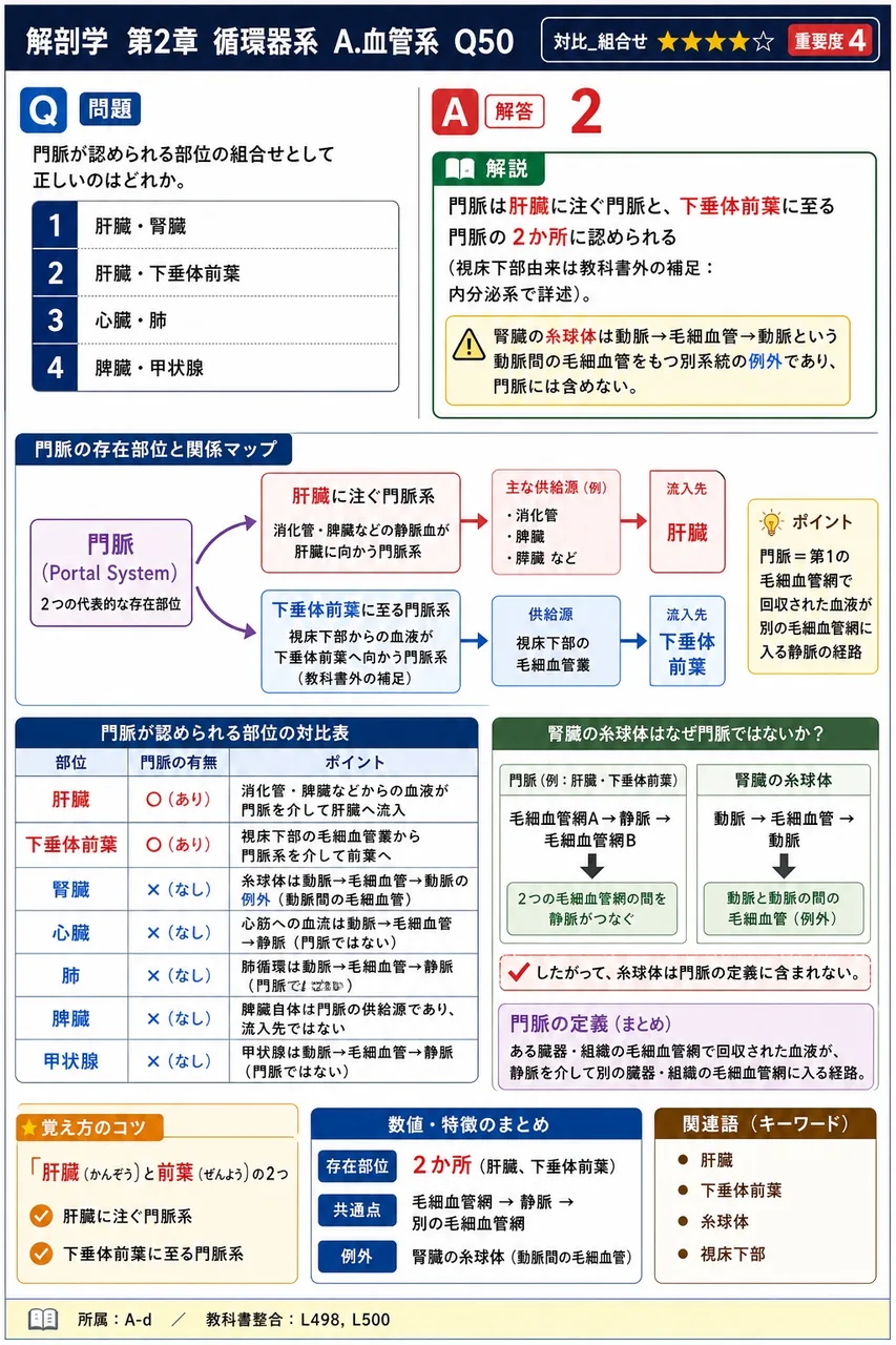 門脈が認められる部位の組合せとして正しいのはどれか。 解説図