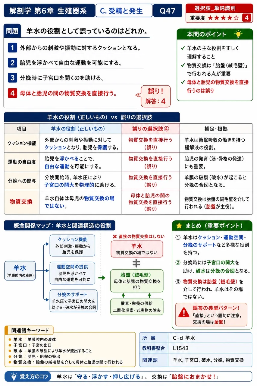 羊水の役割として誤っているのはどれか。 解説図