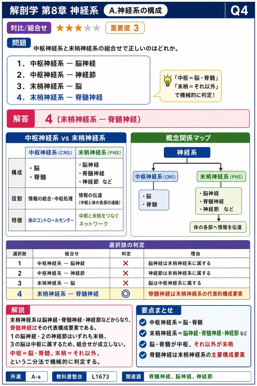 中枢神経系と末梢神経系の組合せで正しいのはどれか。 解説図