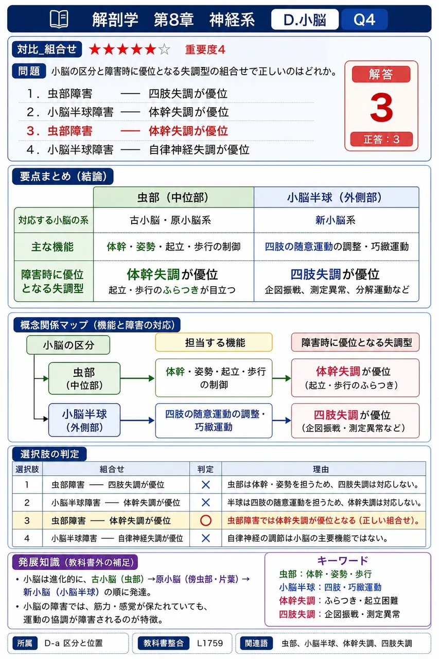 小脳の区分と障害時に優位となる失調型の組合せで正しいのはどれか。 解説図