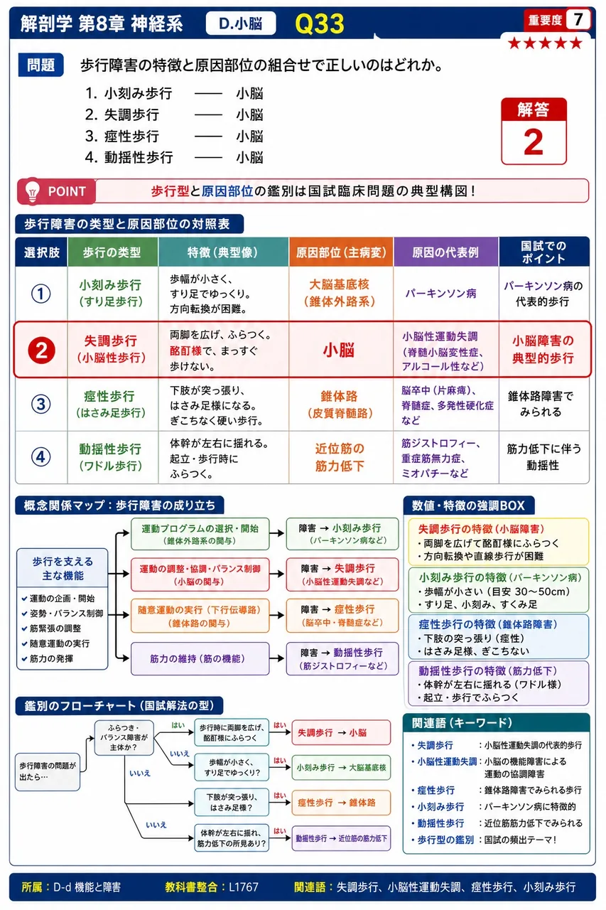 歩行障害の特徴と原因部位の組合せで正しいのはどれか。 解説図