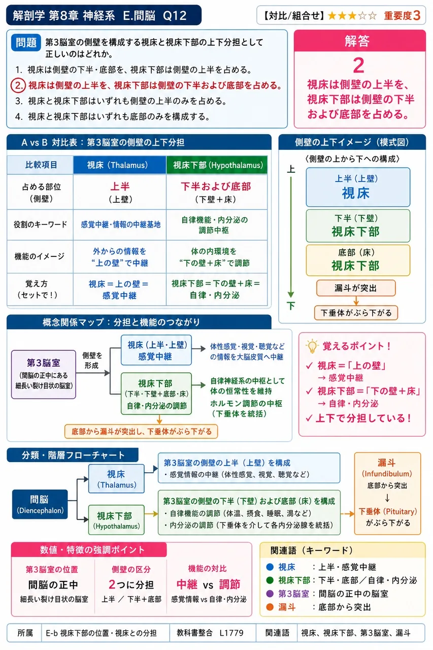 第3脳室の側壁を構成する視床と視床下部の上下分担として正しいのはどれか。 解説図