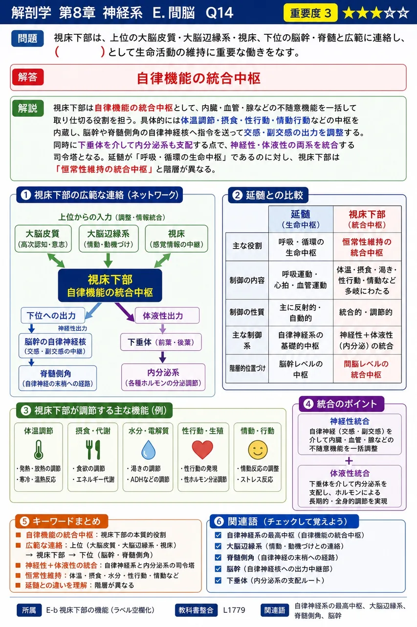 視床下部は、上位の大脳皮質・大脳辺縁系・視床、下位の脳幹・脊髄と広範に連絡し、( )として生命活動の維持に重要な働きをなす。 解説図