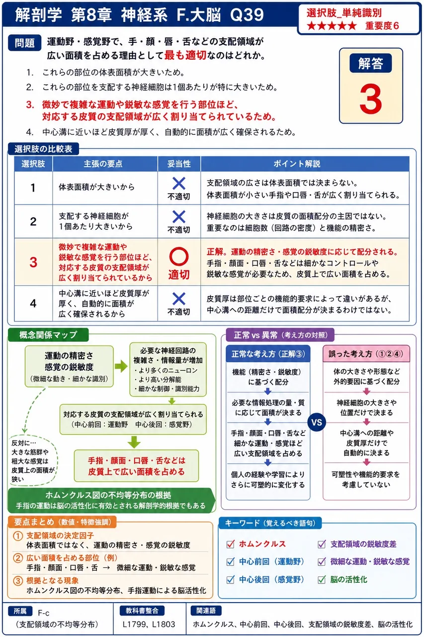 運動野・感覚野で、手・顔・唇・舌などの支配領域が広い面積を占める理由として最も適切なのはどれか。 解説図