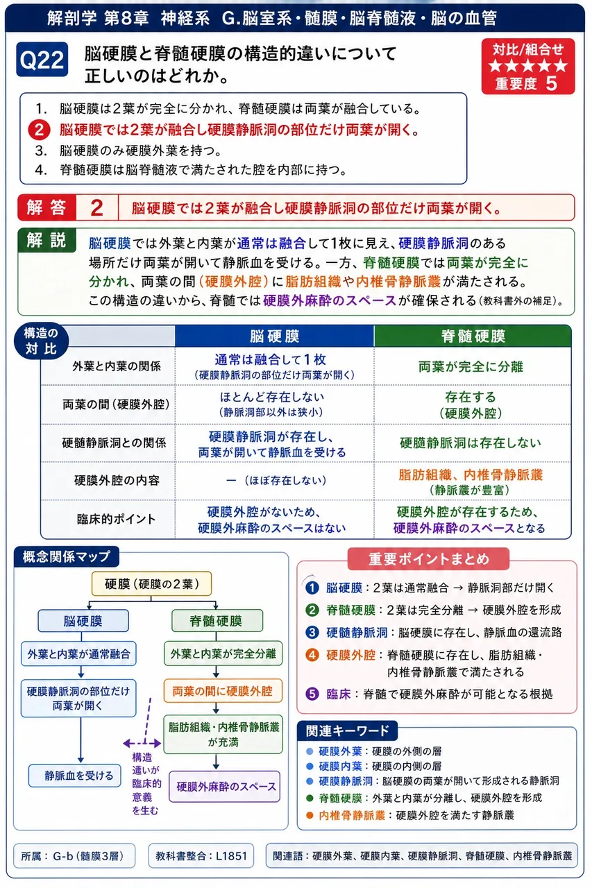 脳硬膜と脊髄硬膜の構造的違いについて正しいのはどれか。 解説図