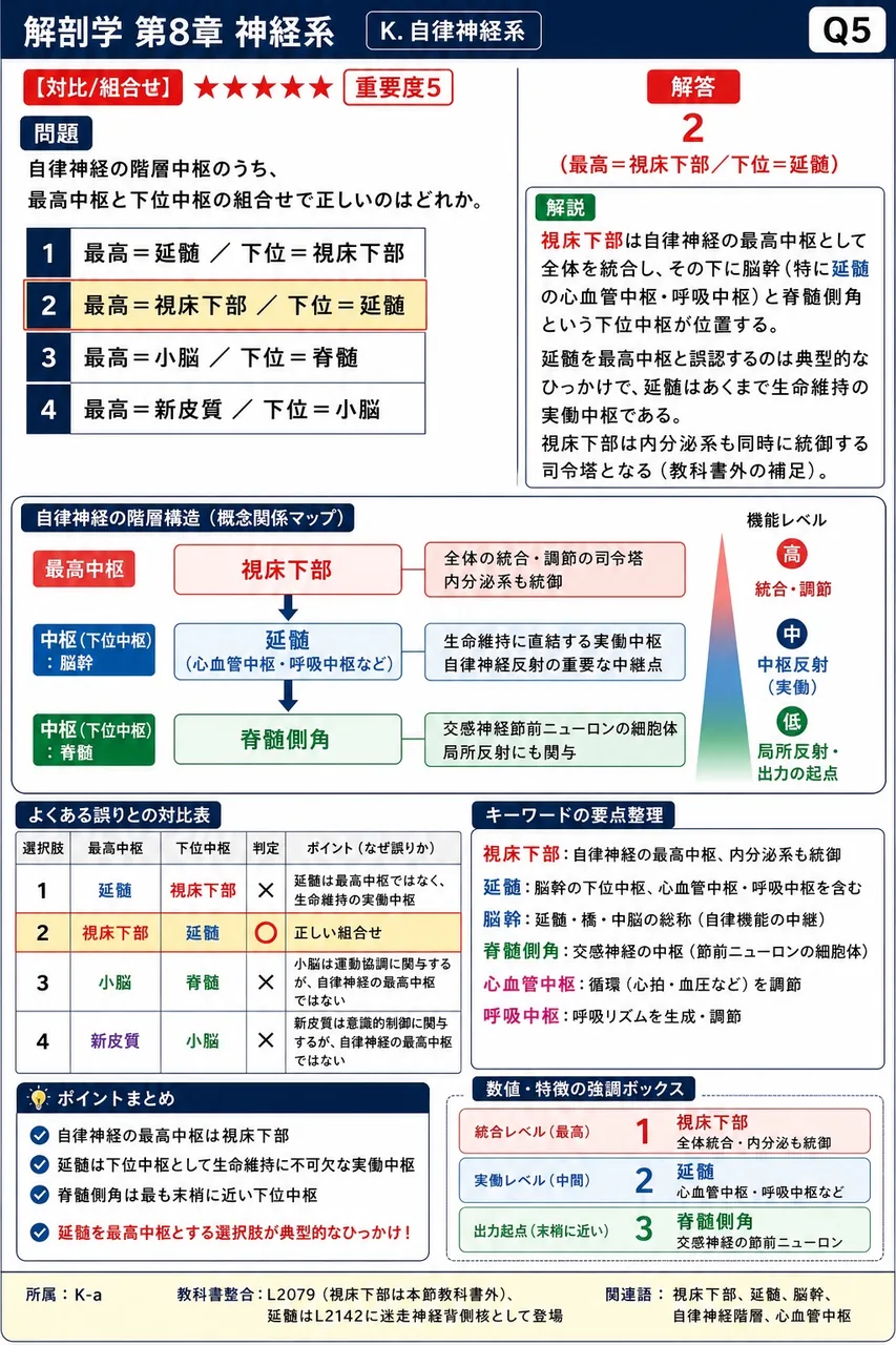 自律神経の階層中枢のうち、最高中枢と下位中枢の組合せで正しいのはどれか。 解説図