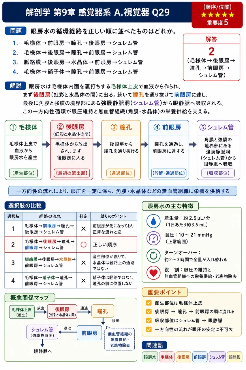眼房水の循環経路を正しい順に並べたものはどれか。 解説図
