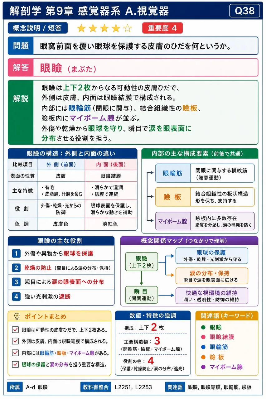 眼窩前面を覆い眼球を保護する皮膚のひだを何というか。 解説図