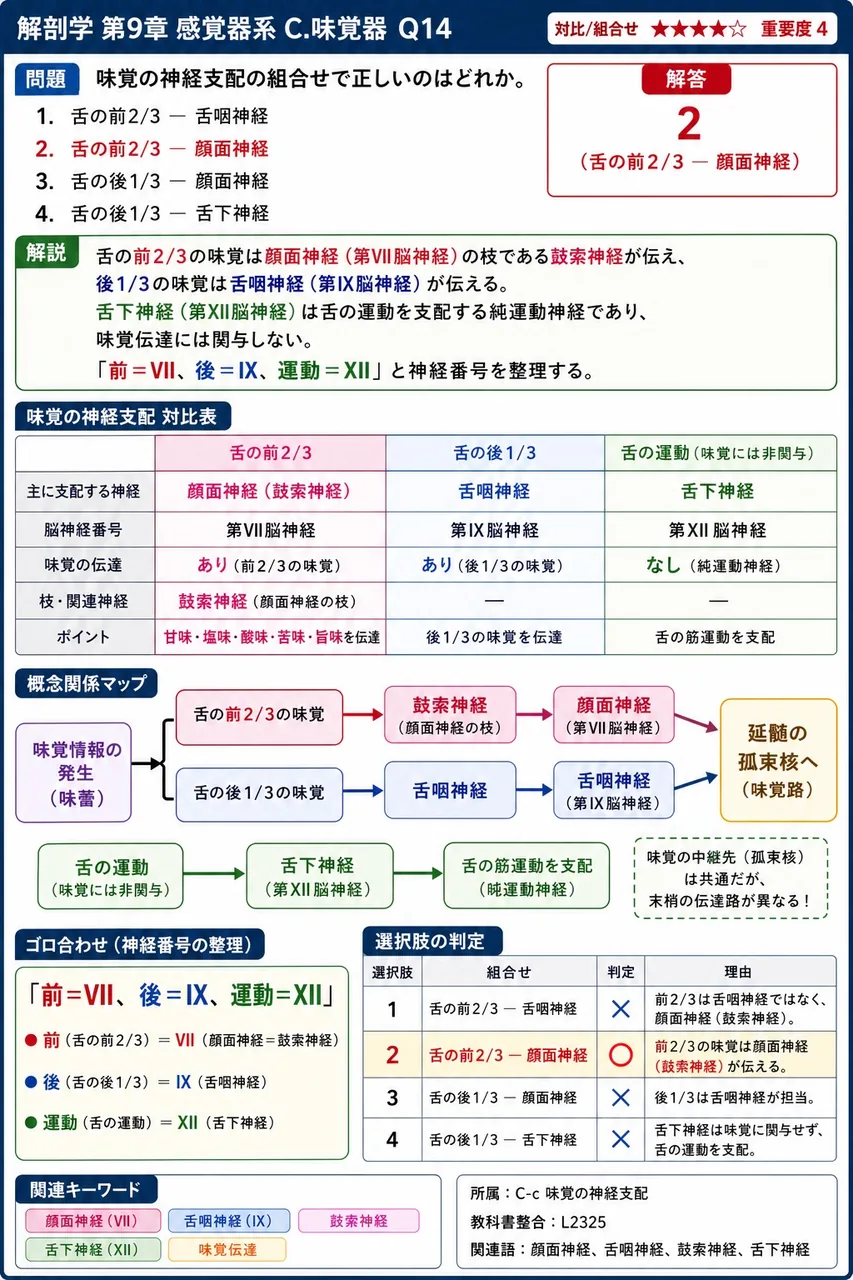 味覚の神経支配の組合せで正しいのはどれか。 解説図