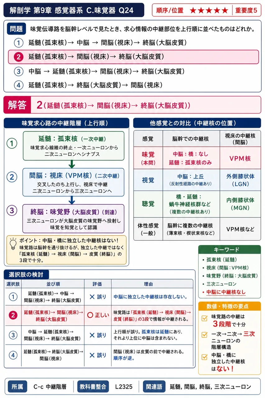 味覚伝導路を脳幹レベルで見たとき、求心情報の中継部位を上行順に並べたものはどれか。 解説図