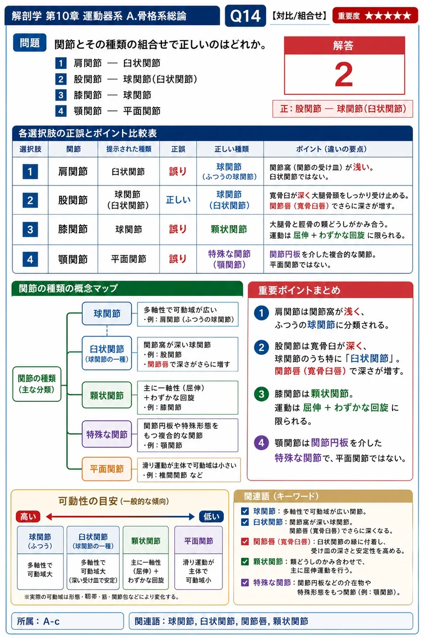 関節とその種類の組合せで正しいのはどれか。 解説図
