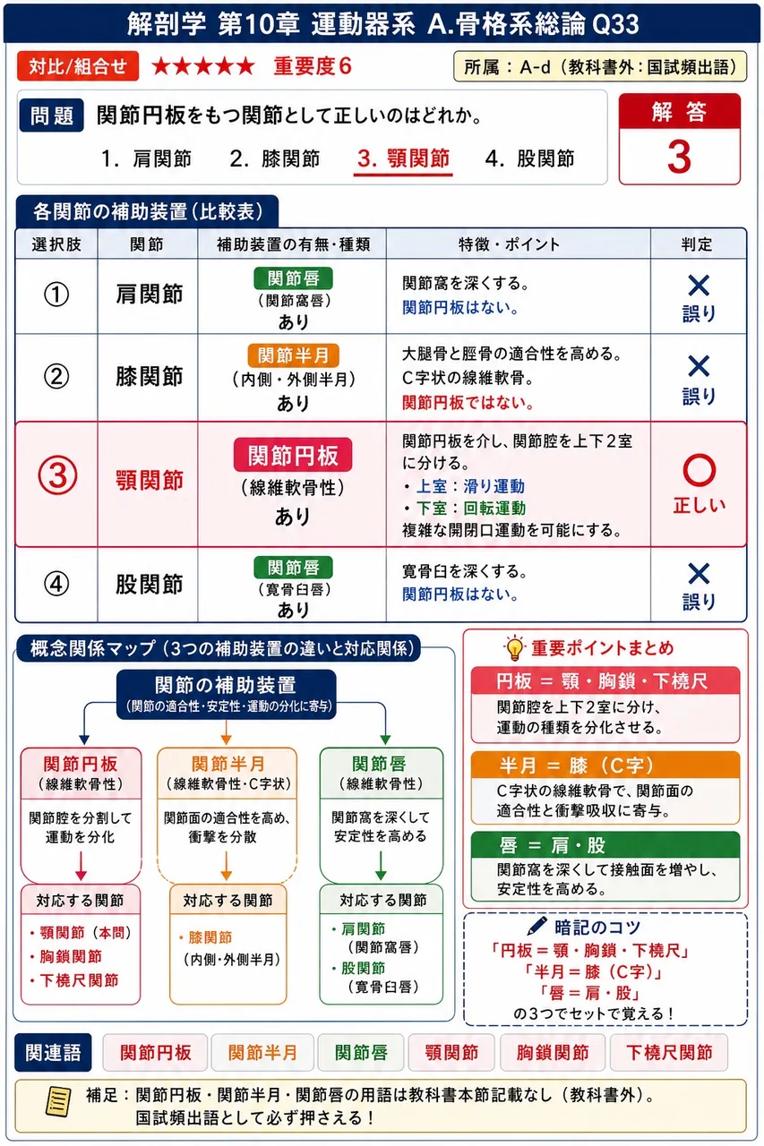 関節円板をもつ関節として正しいのはどれか。 解説図