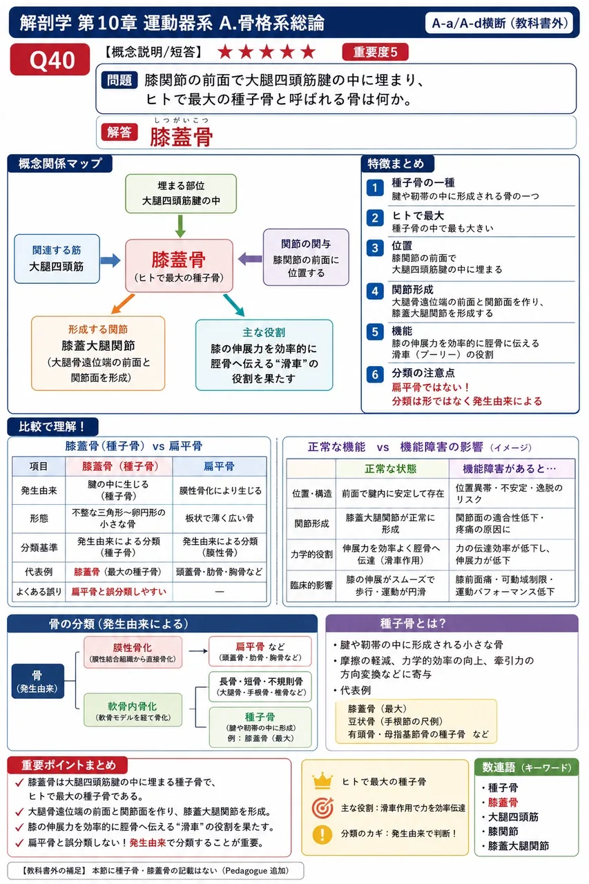 膝関節の前面で大腿四頭筋腱の中に埋まり、ヒトで最大の種子骨と呼ばれる骨は何か。 解説図