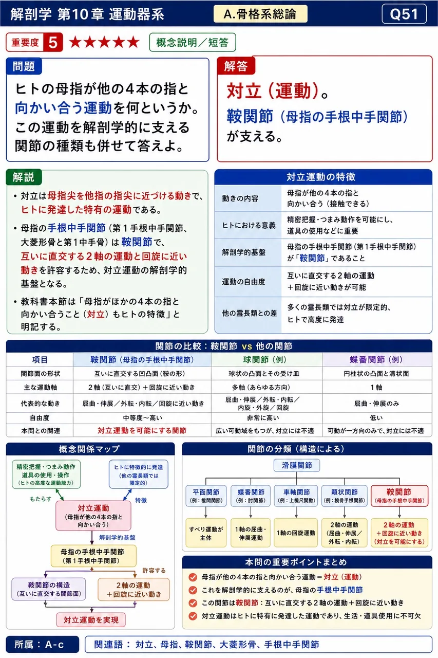 ヒトの母指が他の4本の指と向かい合う運動を何というか。この運動を解剖学的に支える関節の種類も併せて答えよ。 解説図