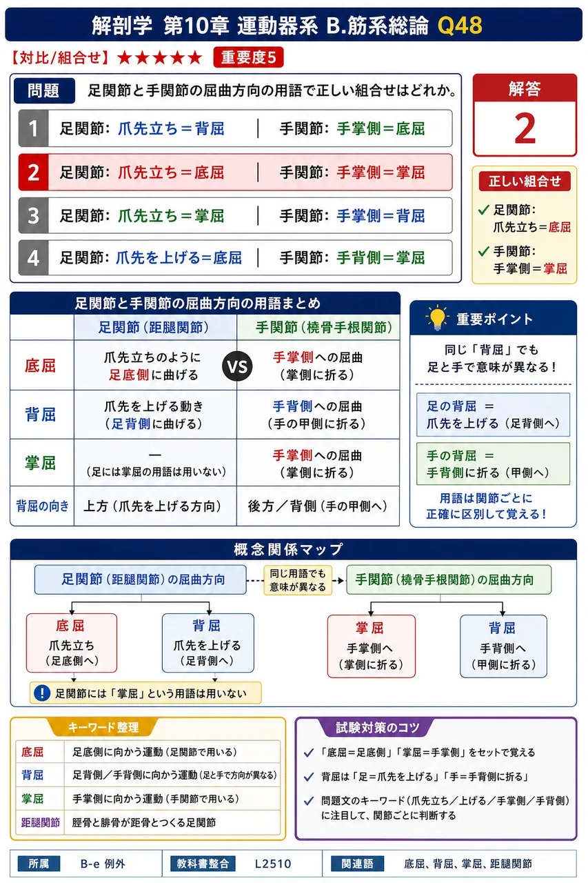 足関節と手関節の屈曲方向の用語で正しい組合せはどれか。 解説図