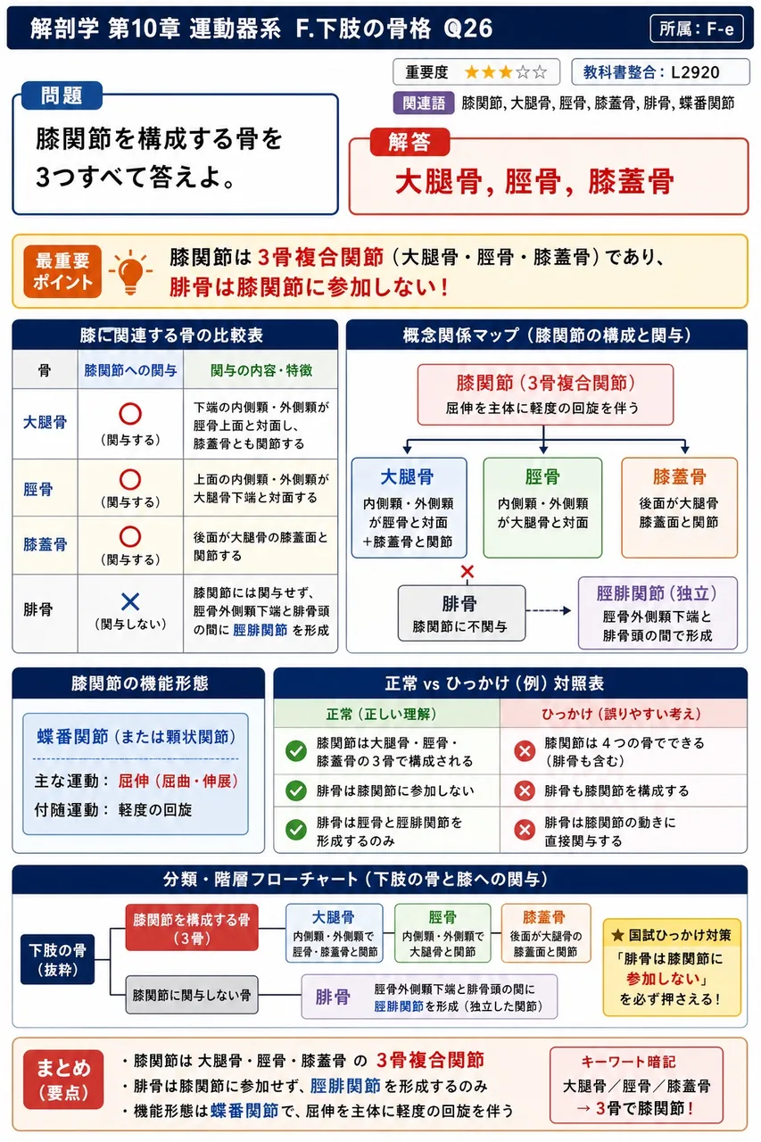 膝関節を構成する骨を3つすべて答えよ。 解説図