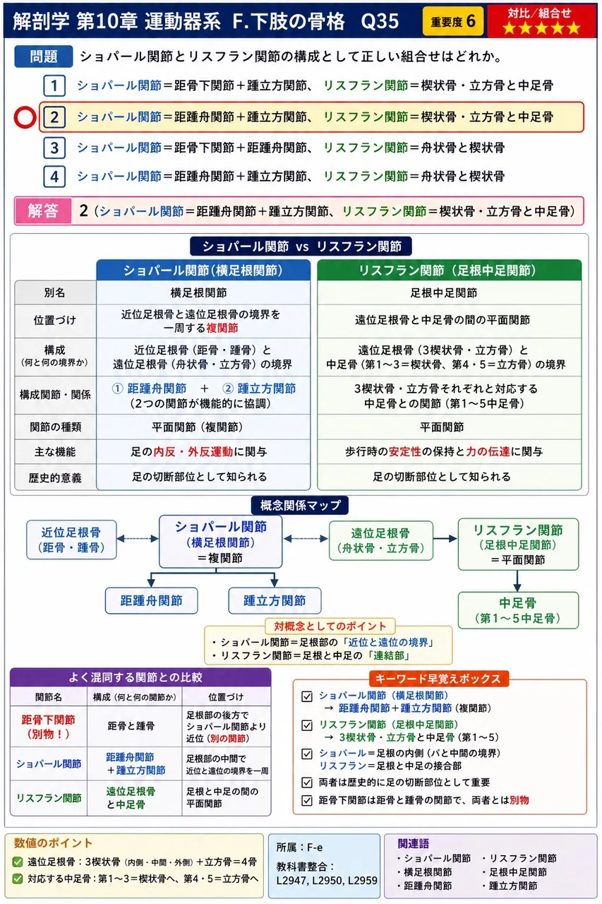 ショパール関節とリスフラン関節の構成として正しい組合せはどれか。 解説図