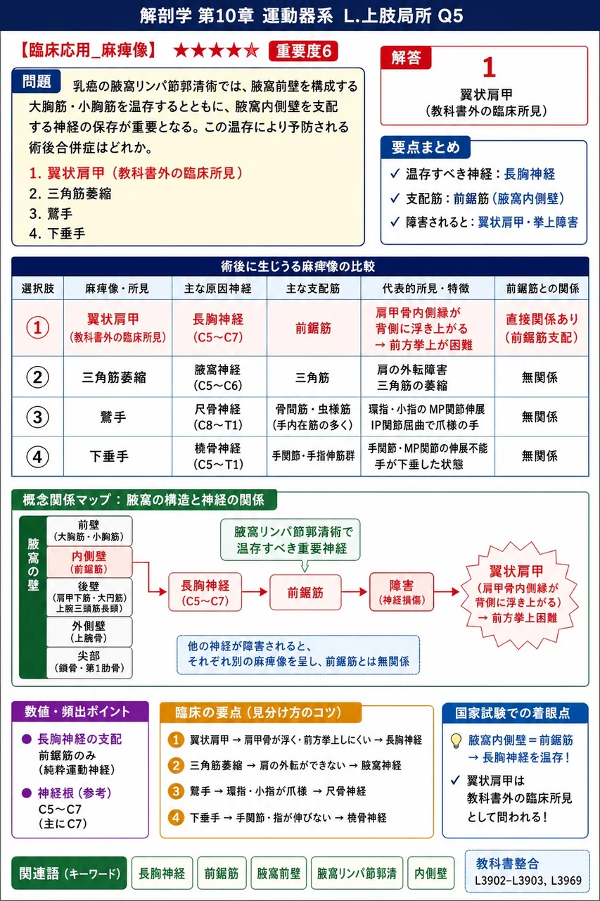 乳癌の腋窩リンパ節郭清術では、腋窩前壁を構成する大胸筋・小胸筋を温存するとともに、腋窩内側壁を支配する神経の保存が重要となる。この温存により予防される術後合併症はどれか。 解説図