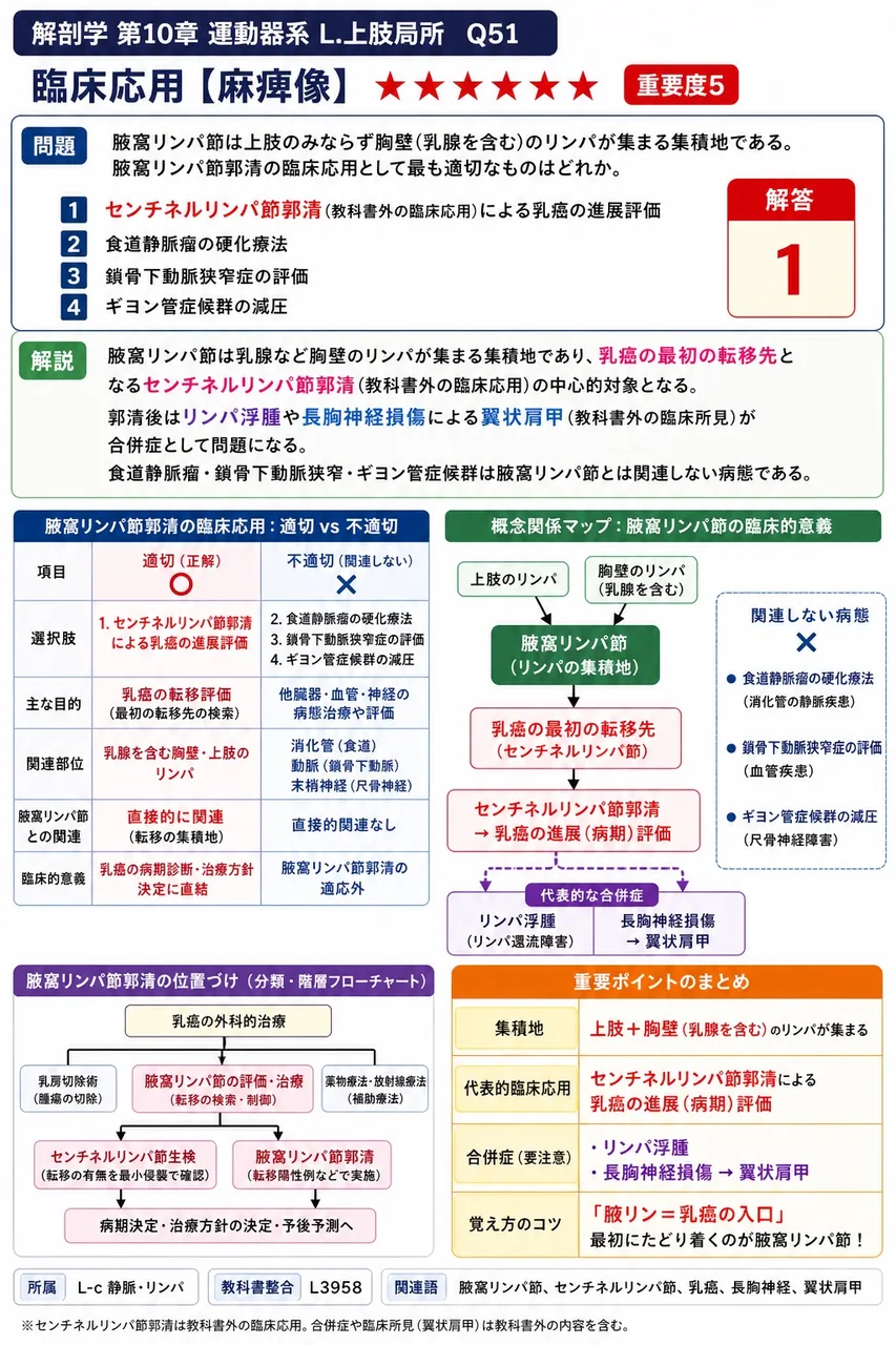 腋窩リンパ節は上肢のみならず胸壁(乳腺を含む)のリンパが集まる集積地である。腋窩リンパ節郭清の臨床応用として最も適切なものはどれか。 解説図