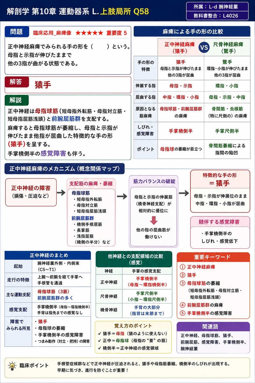 正中神経麻痺でみられる手の形を( )という。母指と示指が伸びたままで他の3指が曲がる状態である。 解説図