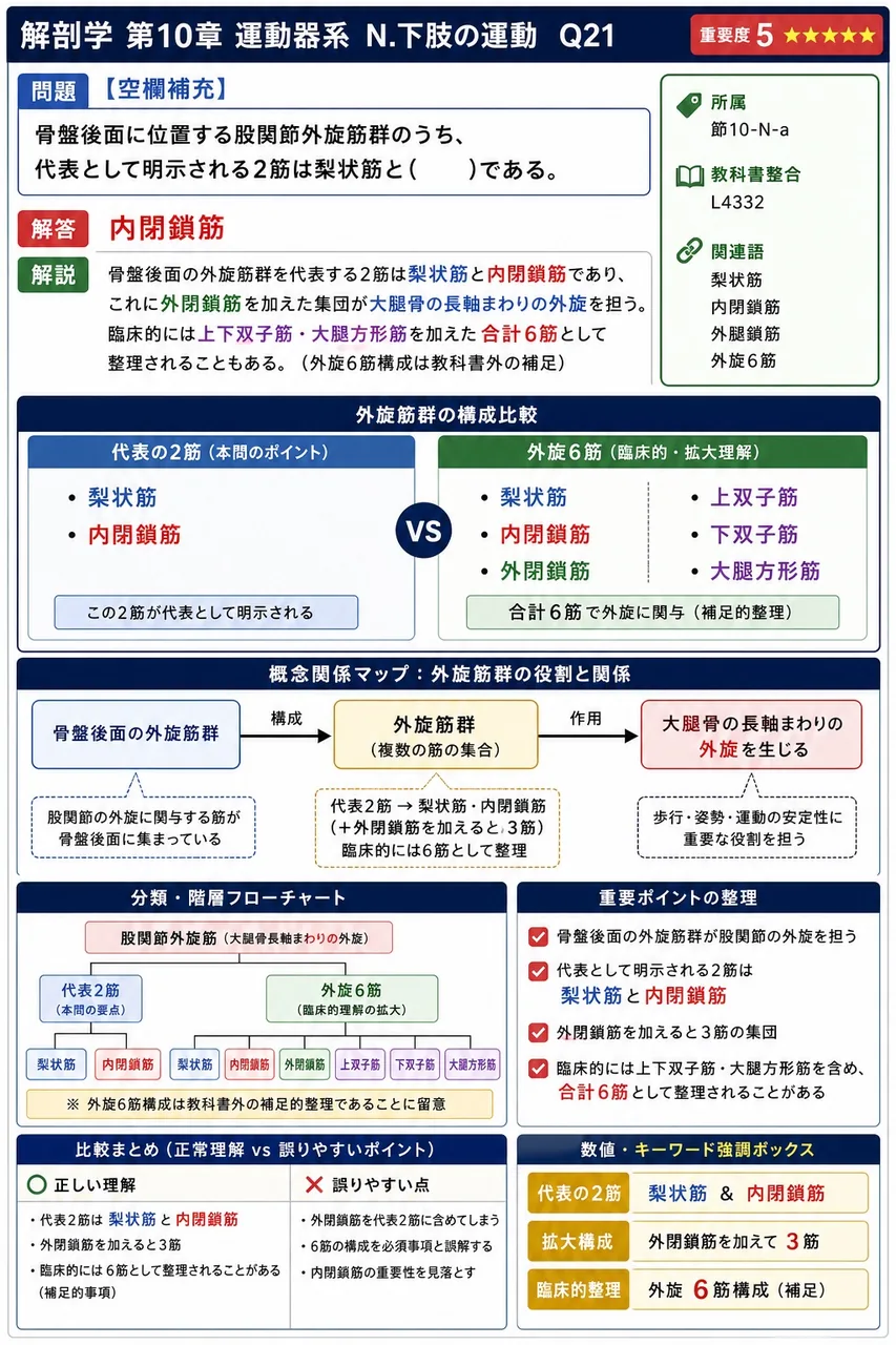 骨盤後面に位置する股関節外旋筋群のうち、代表として明示される2筋は梨状筋と( )である。 解説図