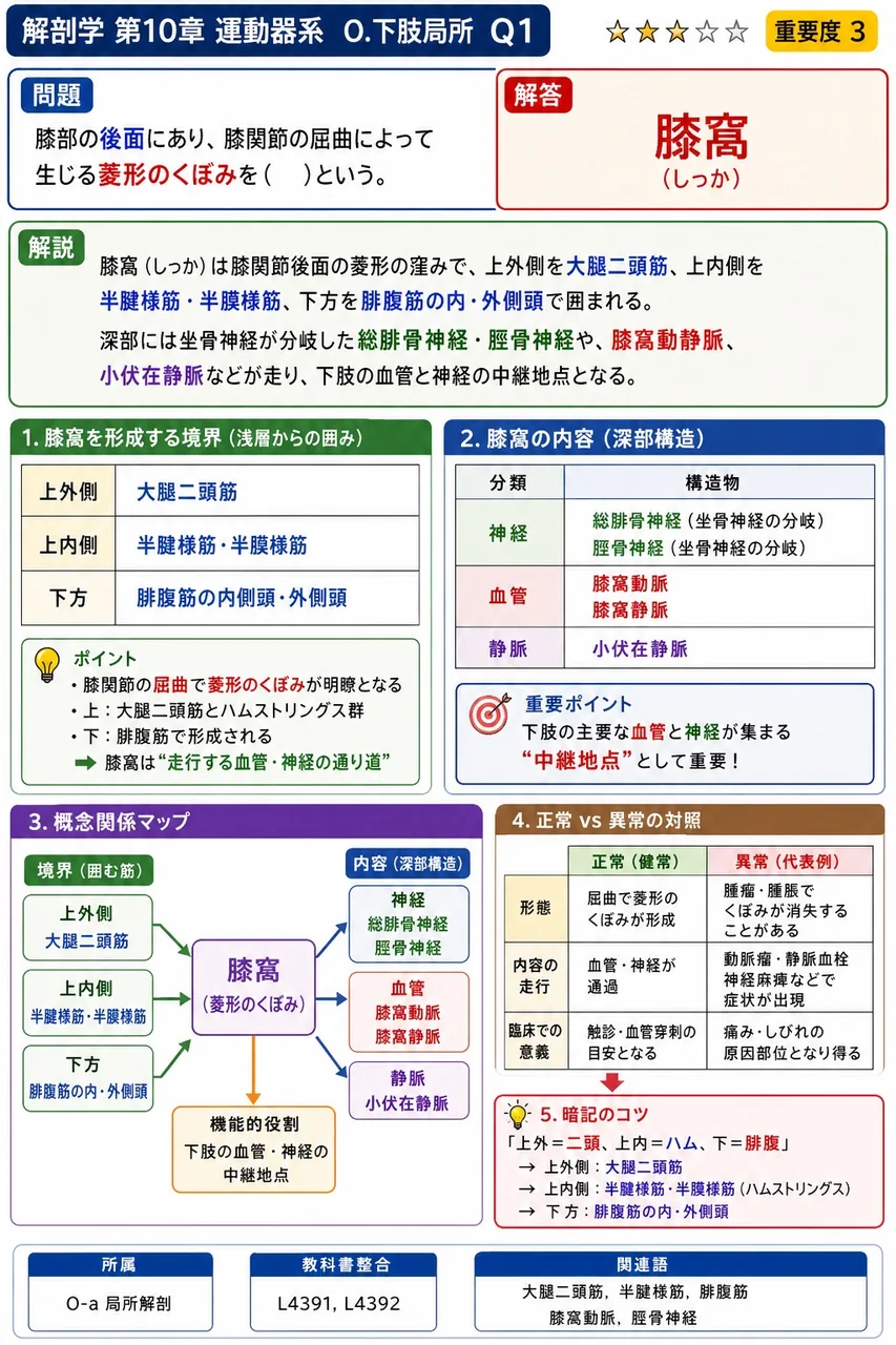 膝部の後面にあり、膝関節の屈曲によって生じる菱形のくぼみを( )という。 解説図