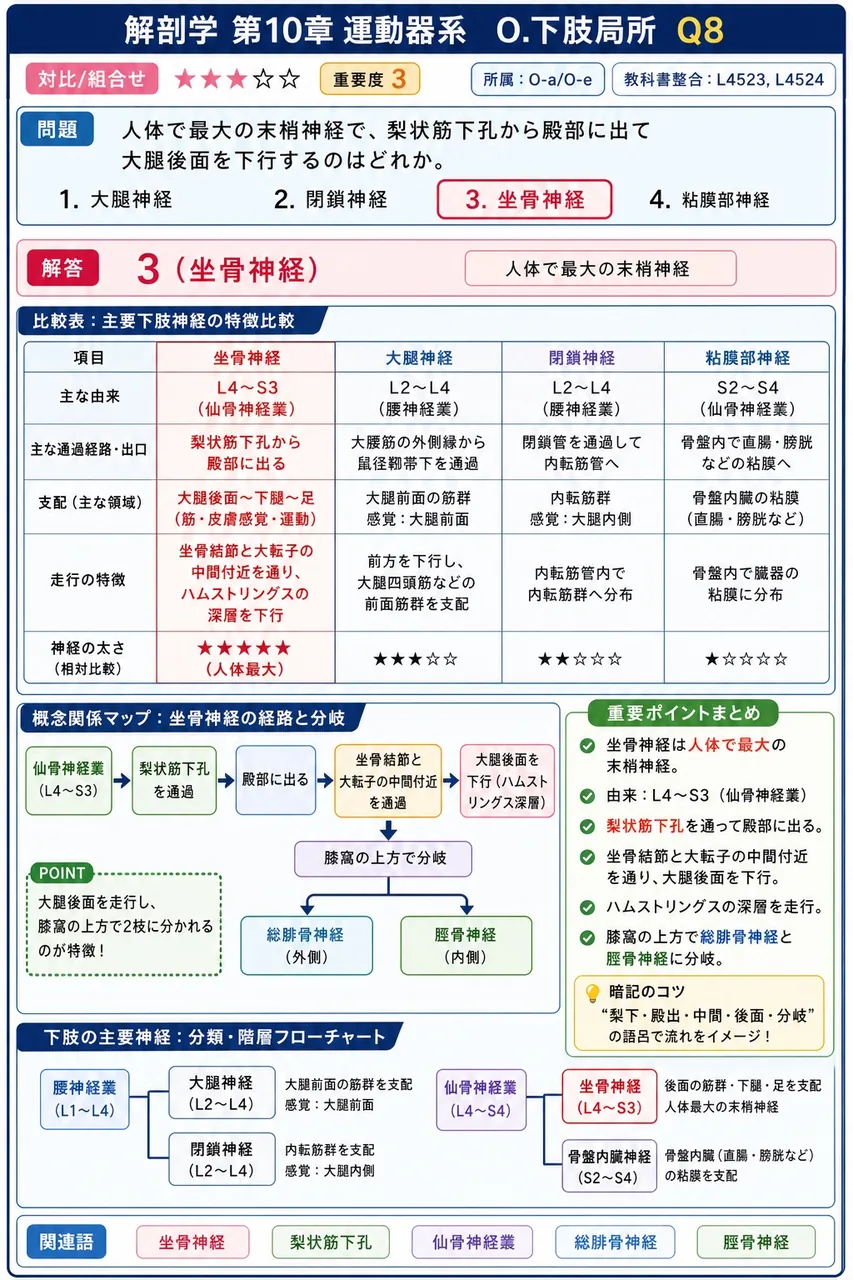 人体で最大の末梢神経で、梨状筋下孔から殿部に出て大腿後面を下行するのはどれか。 解説図