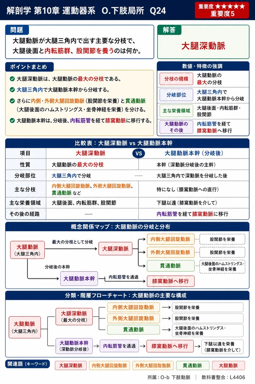 大腿動脈が大腿三角内で出す主要な分枝で、大腿後面と内転筋群、股関節を養うのは何か。 解説図