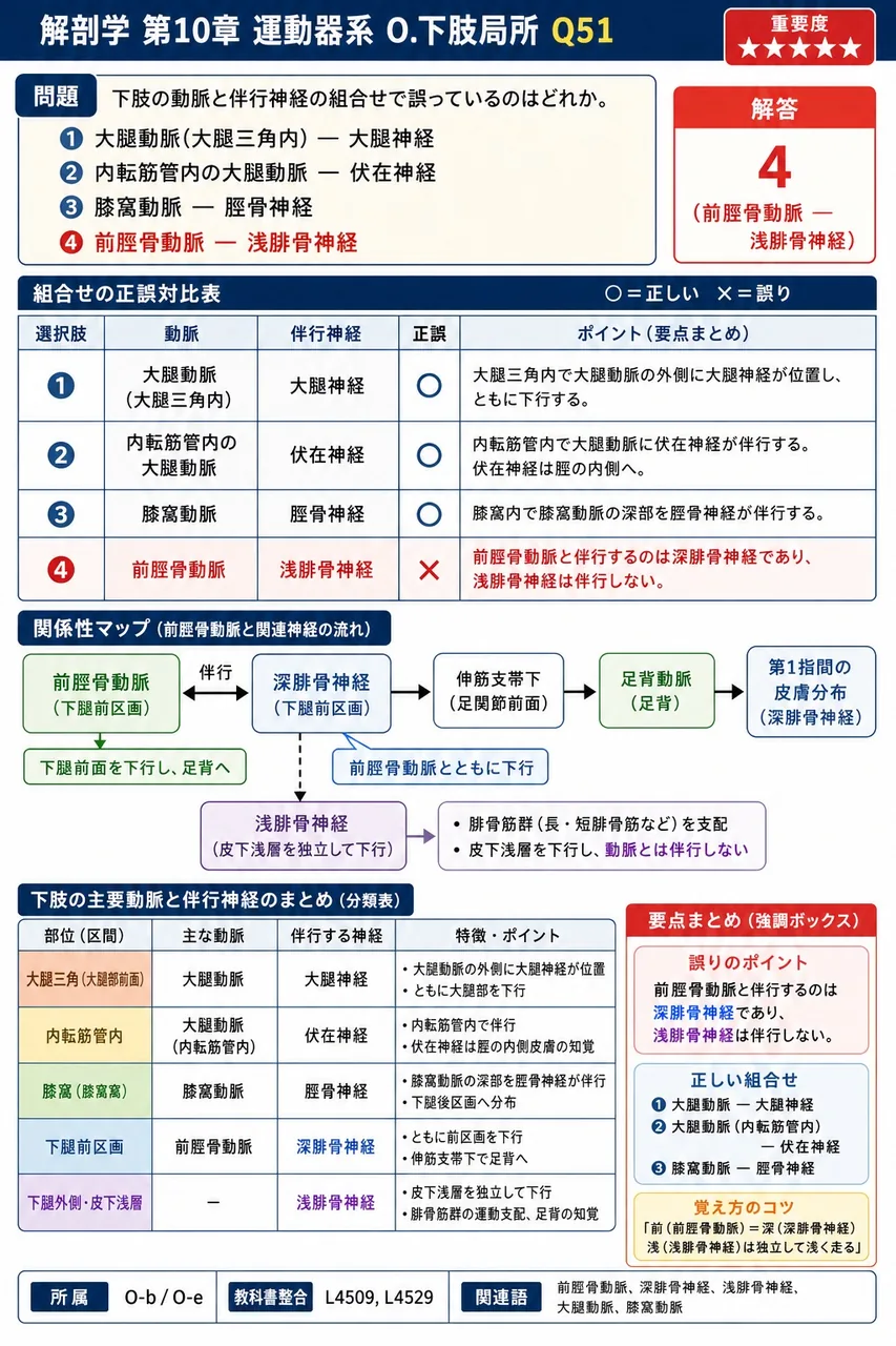 下肢の動脈と伴行神経の組合せで誤っているのはどれか。 解説図