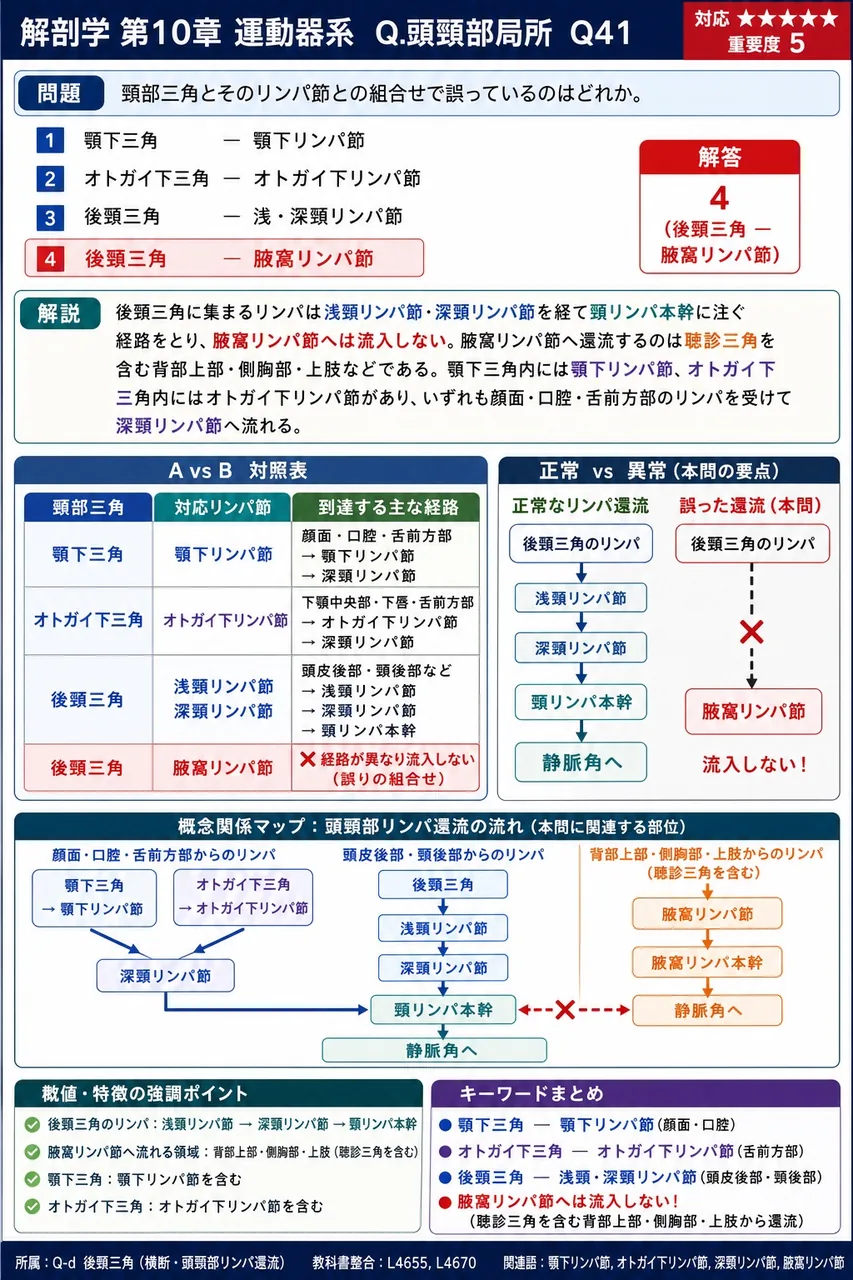 頸部三角とそのリンパ節との組合せで誤っているのはどれか。 解説図