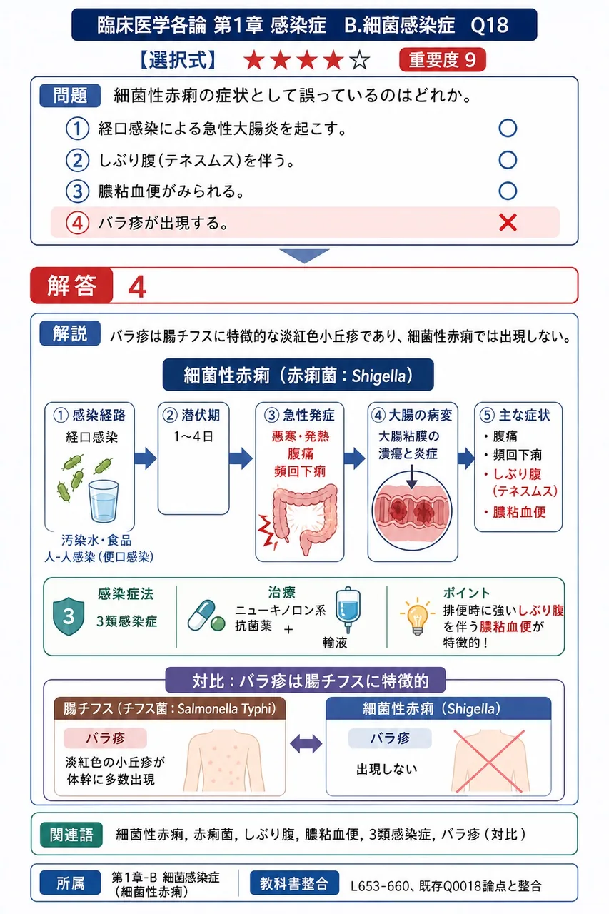 細菌性赤痢の症状として誤っているのはどれか。 解説図