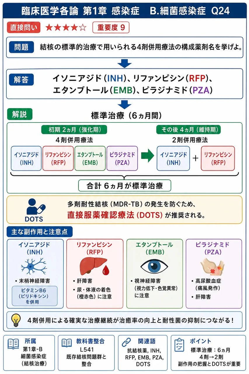 結核の標準的治療で用いられる4剤併用療法の構成薬剤名を挙げよ。 解説図
