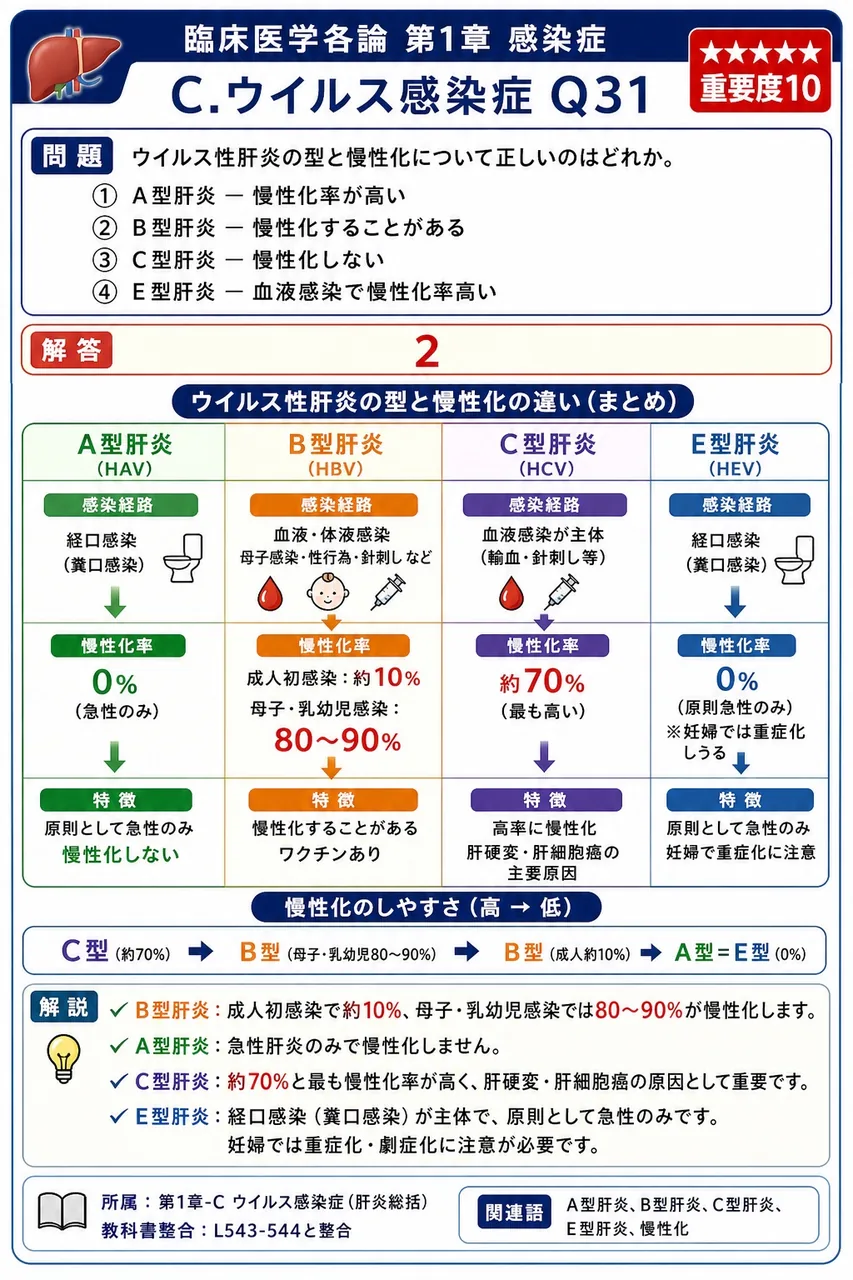 ウイルス性肝炎の型と慢性化について正しいのはどれか。 解説図