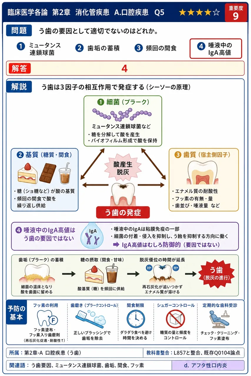 う歯の要因として適切でないのはどれか。 解説図