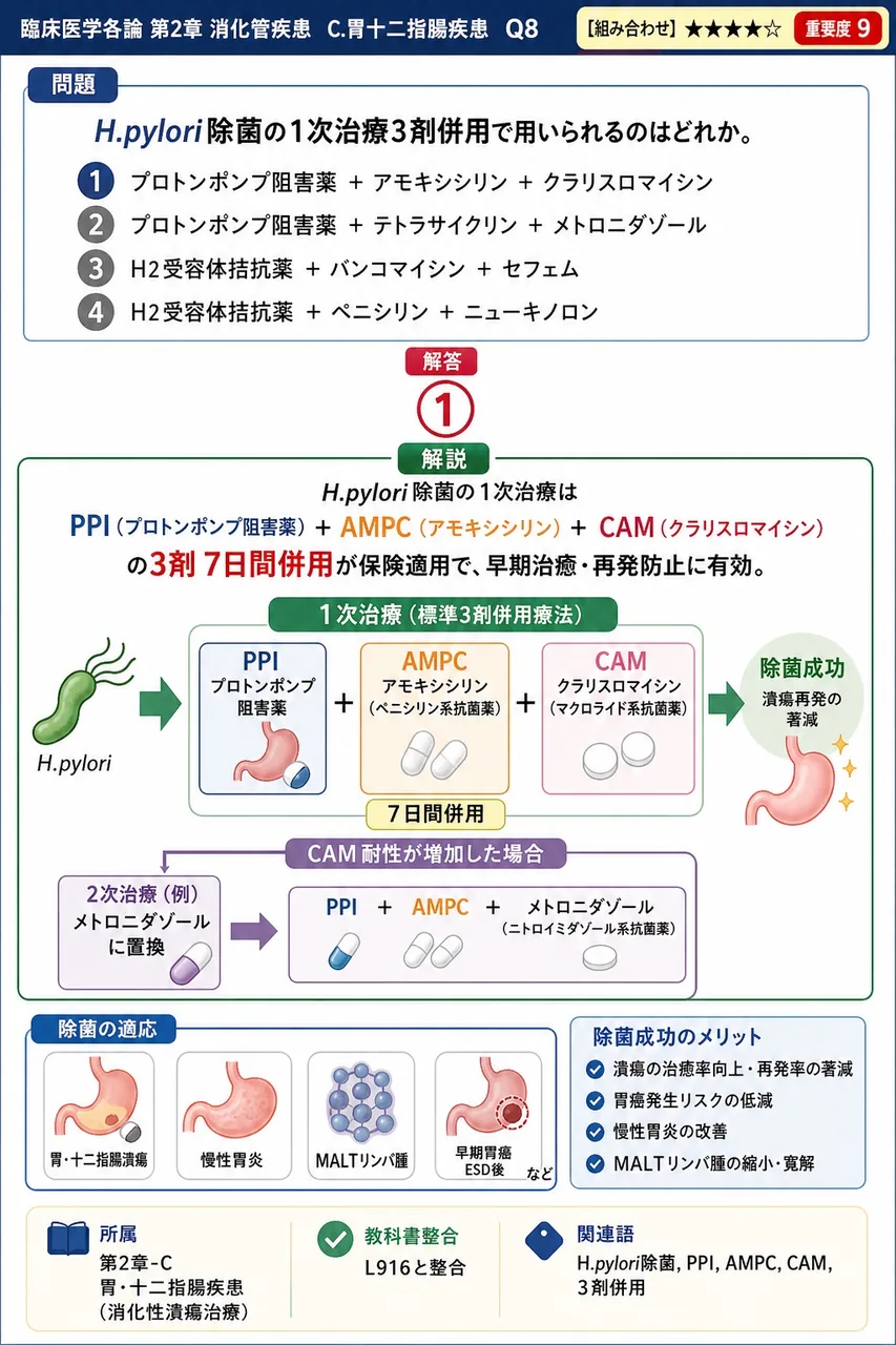 H.pylori除菌の1次治療3剤併用で用いられるのはどれか。 解説図