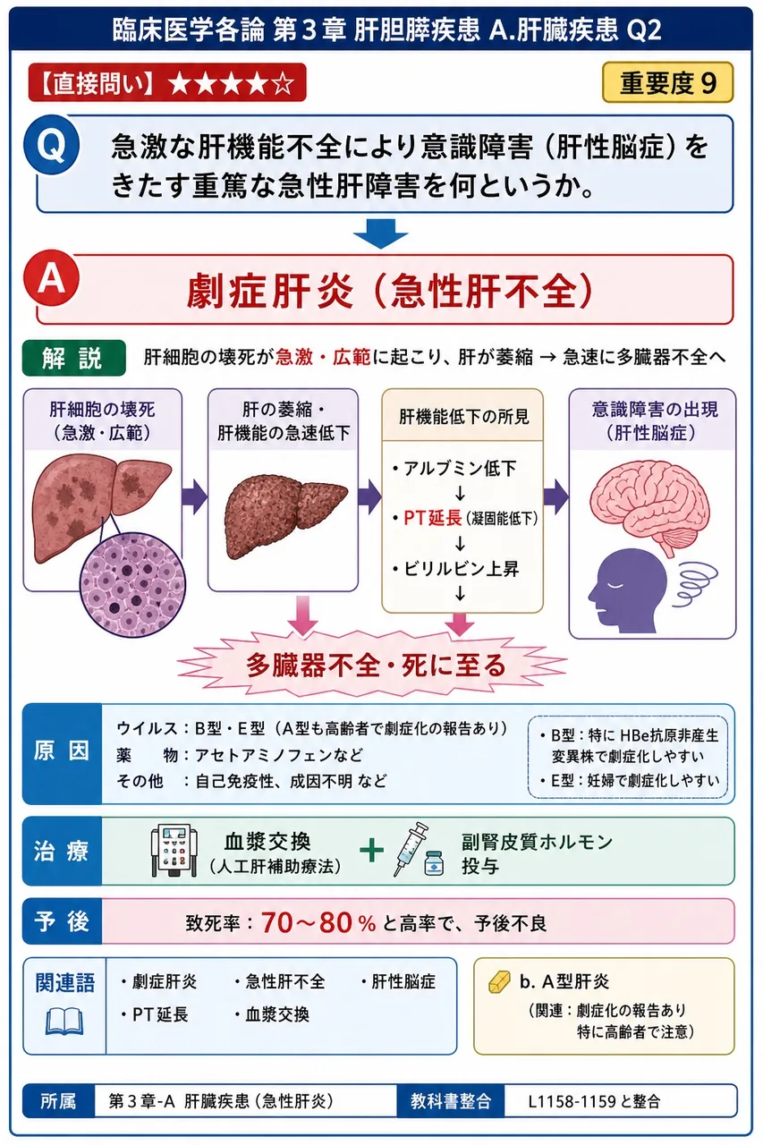 急激な肝機能不全により意識障害(肝性脳症)をきたす重篤な急性肝障害を何というか。 解説図