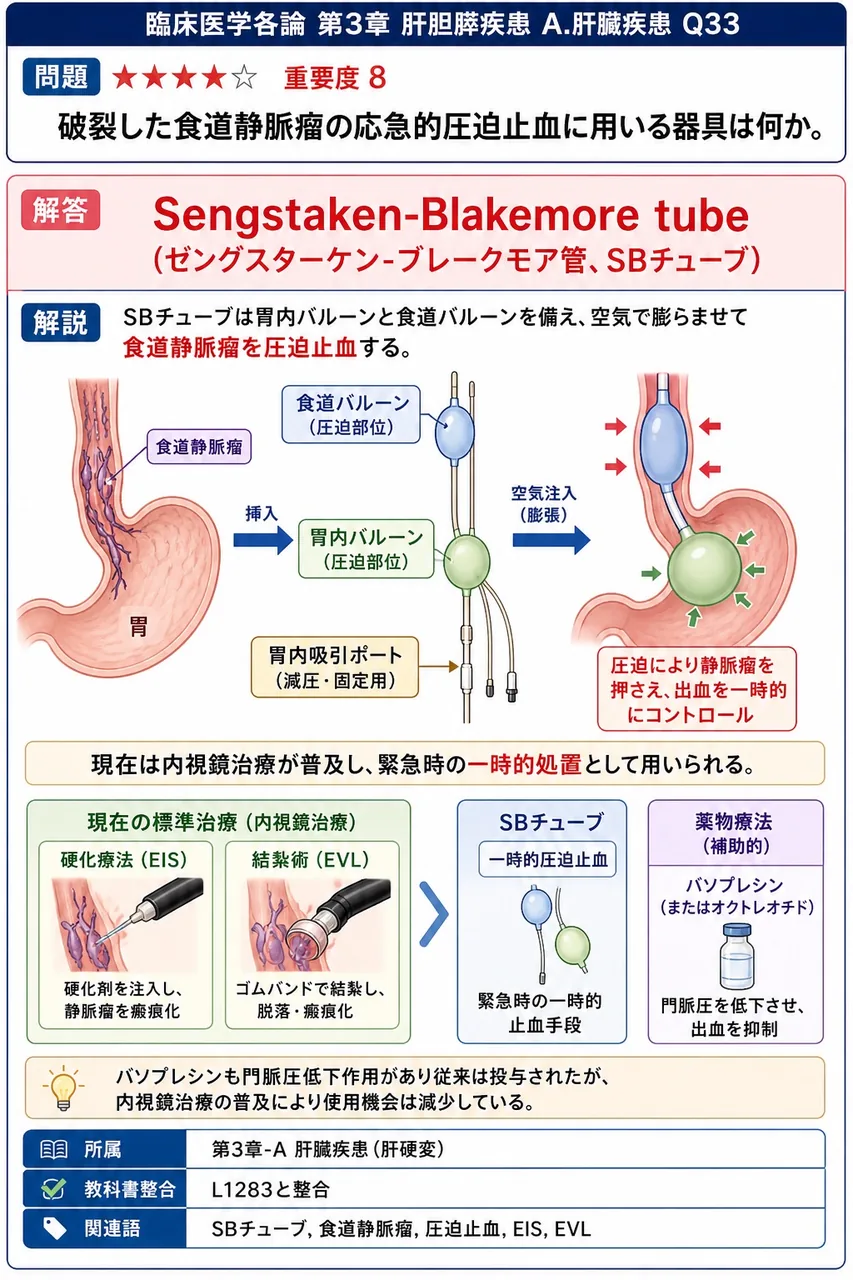 破裂した食道静脈瘤の応急的圧迫止血に用いる器具は何か。 解説図
