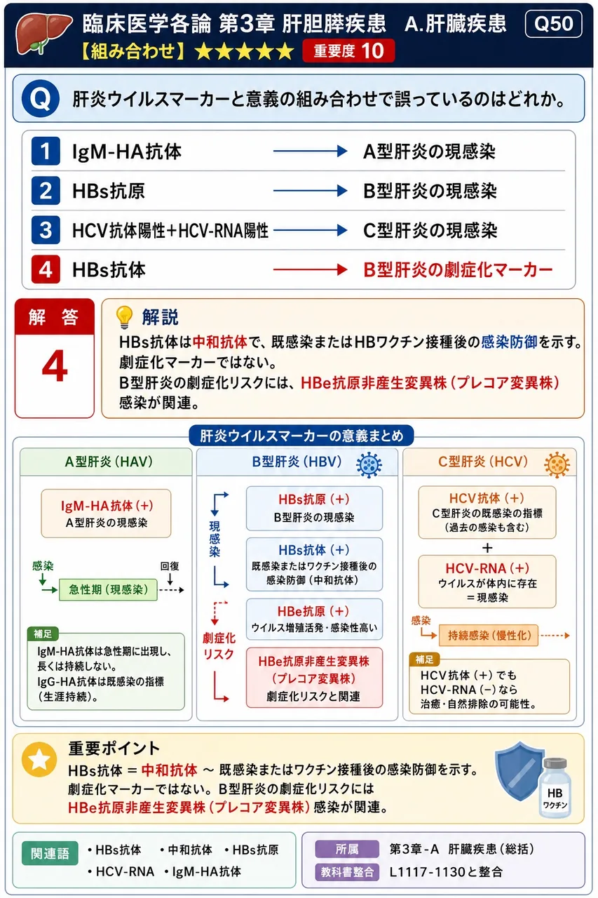 肝炎ウイルスマーカーと意義の組み合わせで誤っているのはどれか。 解説図