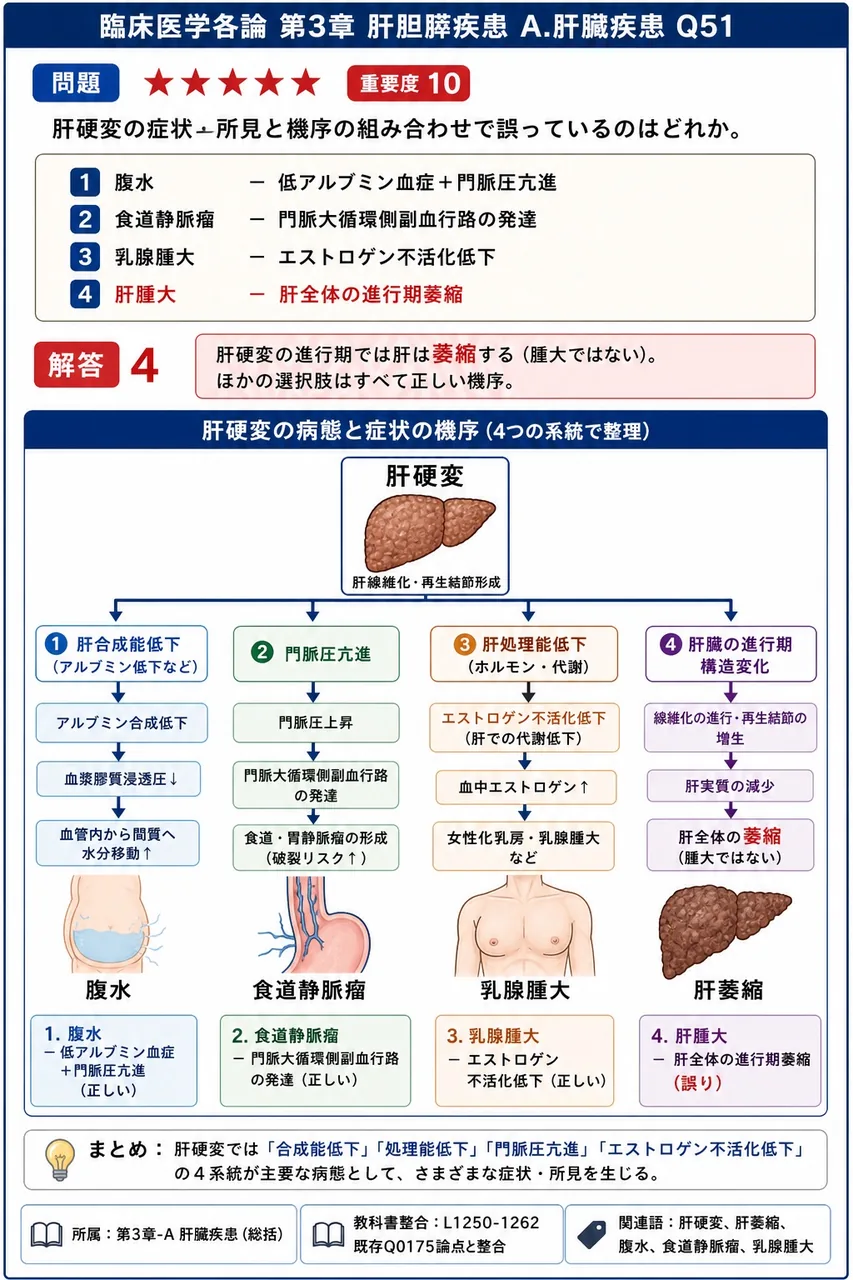 肝硬変の症状・所見と機序の組み合わせで誤っているのはどれか。 解説図