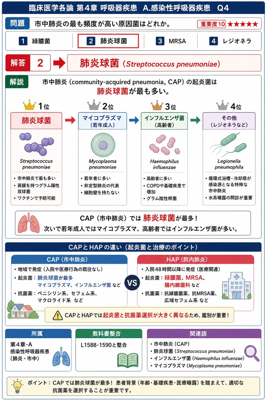市中肺炎の最も頻度が高い原因菌はどれか。 解説図