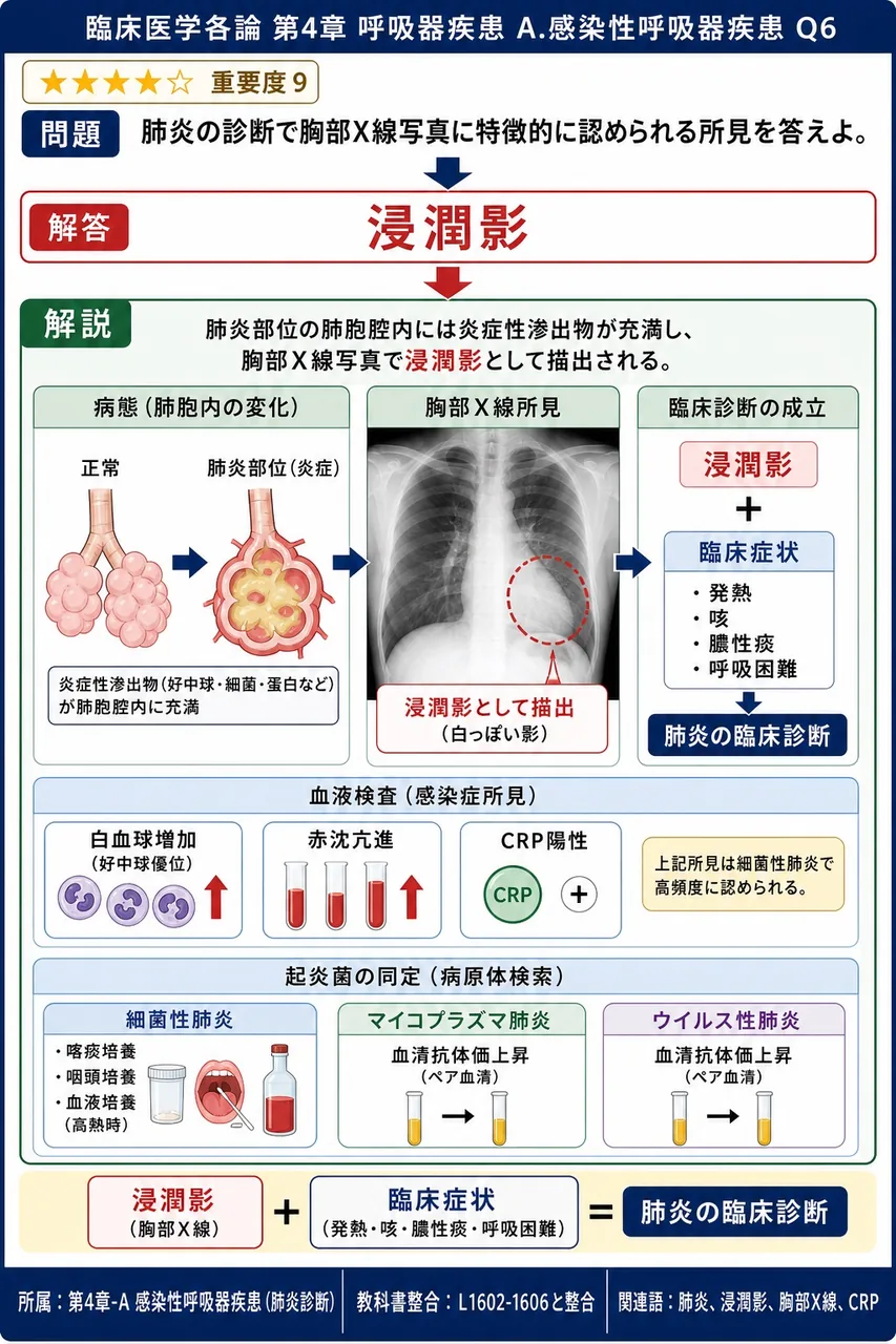 肺炎の診断で胸部X線写真に特徴的に認められる所見を答えよ。 解説図