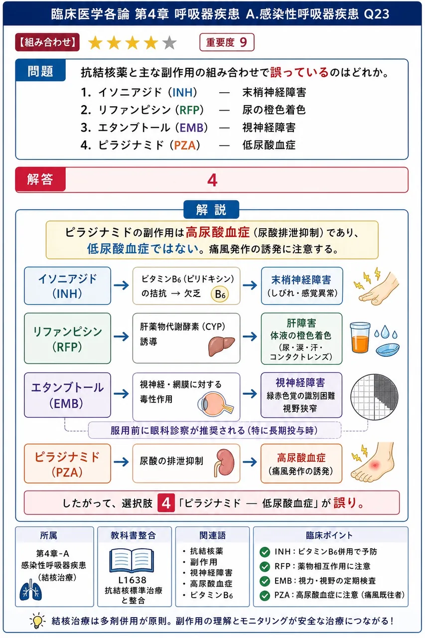 抗結核薬と主な副作用の組み合わせで誤っているのはどれか。 解説図
