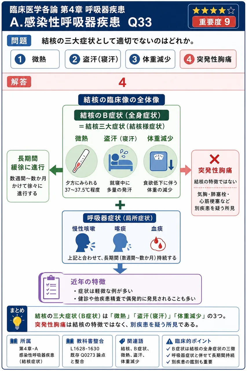 結核の三大症状として適切でないのはどれか。 解説図