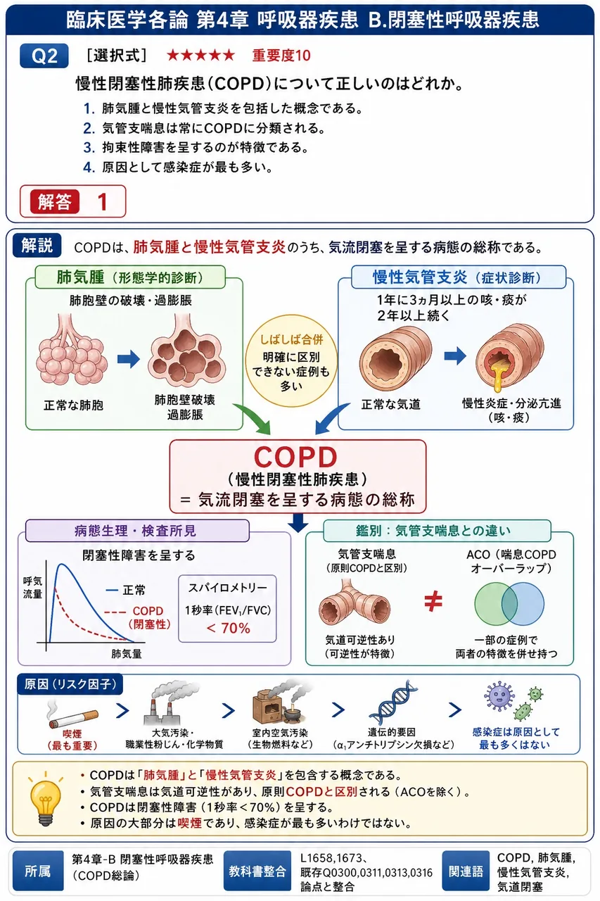 慢性閉塞性肺疾患(COPD)について正しいのはどれか。 解説図